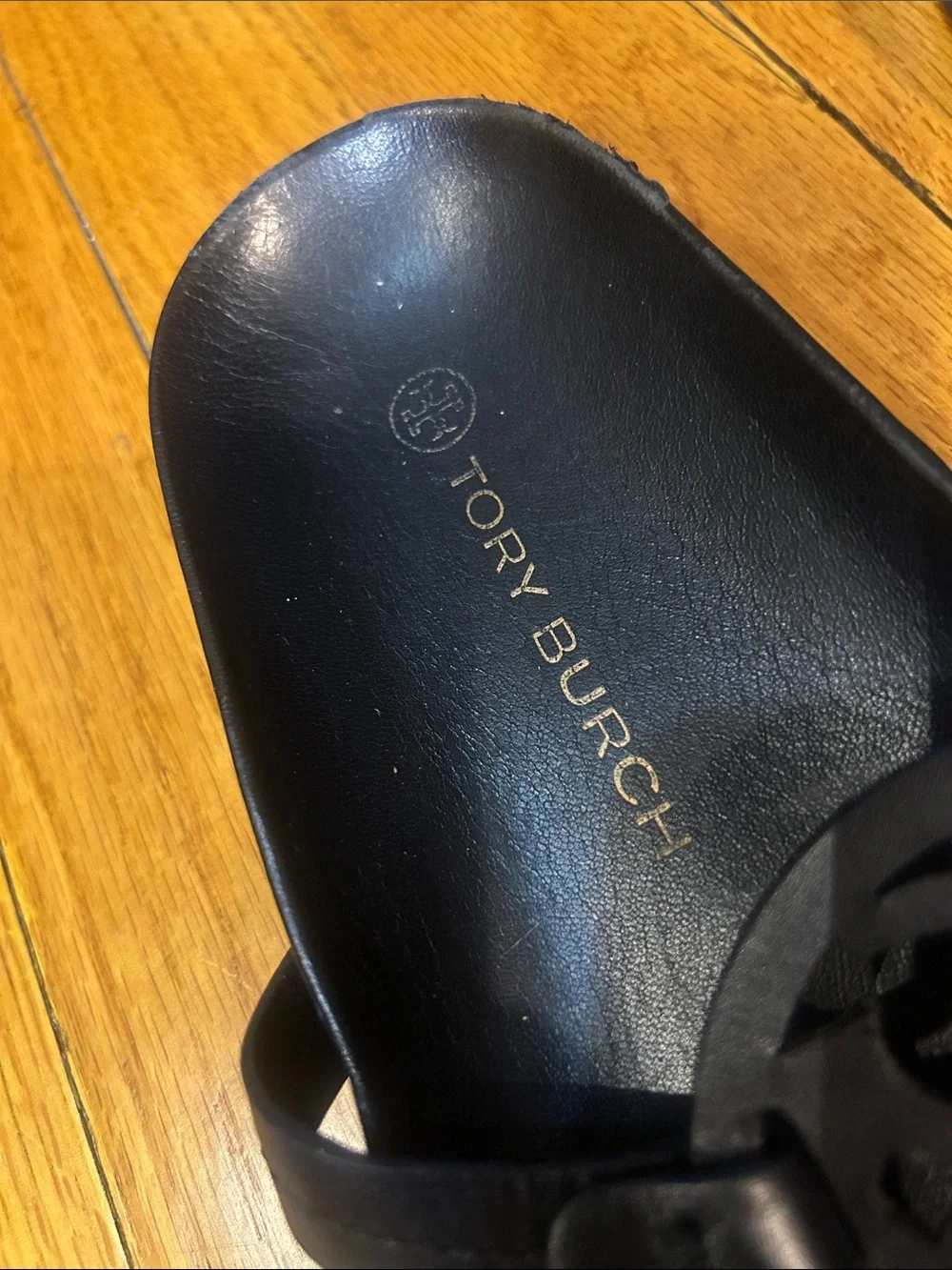 Tory Burch Black Leather Logo Thong Sandals - Picture 2 of 5